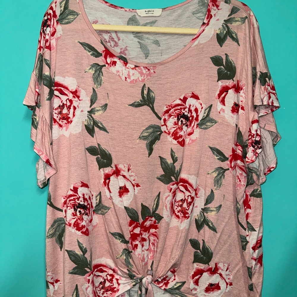 Floral Short Sleeve Top with Tie Front